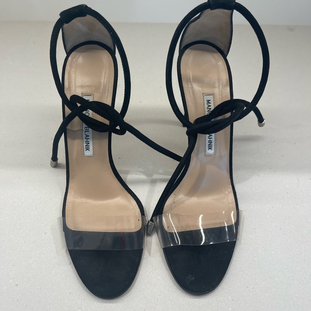 Manolo Blahnik black suede ankle wrap sandal with clear toe strap